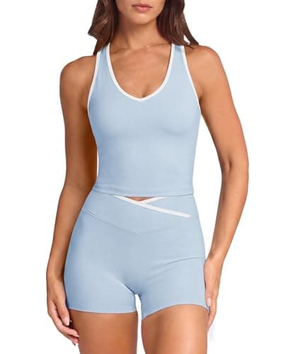 SUUKSESS Women 2 Piece Workout Sets Built in Bra Yoga Tank Top High Waisted Tummy Control Biker Shorts Compression Gym Sets(Light Blue, M)