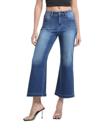 Myzellia Women’s Wide Leg Petite Jeans High Waisted Stretchy Cropped Flare Jeans with Patch Pockets Blue Medium