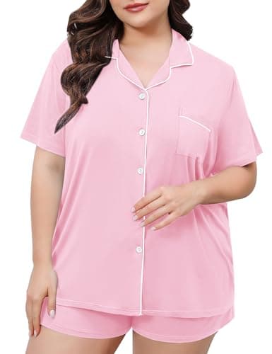 SWOMOG Women's Plus Size Pajamas Set Button Down Tops Short Sleeve Sleepwear Soft Pajama Shorts 2 Pcs Lounge Sets With Pocket Pink