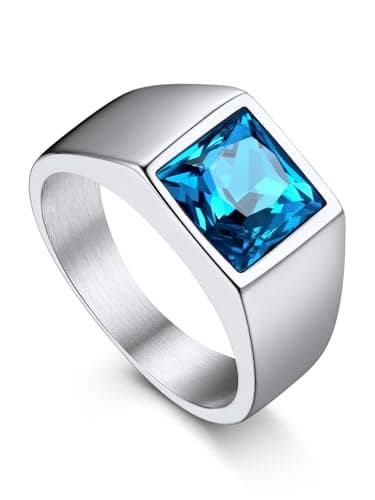 Bandmax Men's Topaz Ring - Stainless Steel Blue Gemstone Ring for Men & Women - Statement Signet Ring, Size 7
