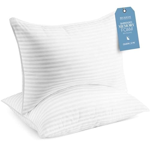 Beckham Hotel Collection Shredded Memory Foam Pillow 2-Pack Queen | Adjustable Fill Cooling Bed Pillows for Side, Back & Stomach Sleepers