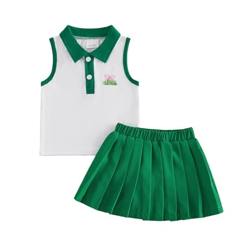 ZAXARRA Toddler Girl Sports Outfit Short Sleeve Lapel Tops Tennis Bow Pattern Mini A Line Skirt Casual Cute 2 Pcs Set (Green-e, 18-24 Months)