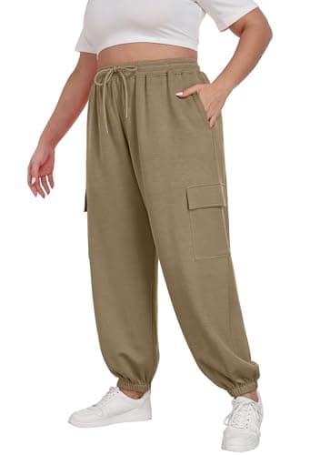 OLRIK Plus Size Yoga Pants for Women Adjustable Drawstring Joggers 2025 Trendy Cargo Sweatpants Loose Fit Lounge Trousers Khaki-4X