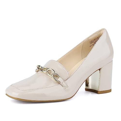 JENN ARDOR Women's Heeled Loafers - 2.5 Inch Block Heel Pumps With Square Toe and Chain - Slip-on Dress Shoes for Work and Casual Wear - Beige