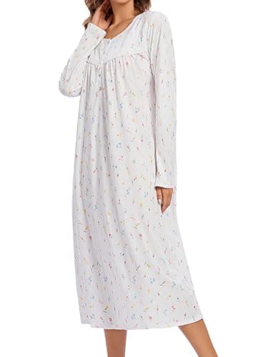 FMIRREO Long Cotton Nightgown Women's Long Sleeve Sleepwear Full Length Night Dress Soft Comfy Button Loungewear Print White-XXL