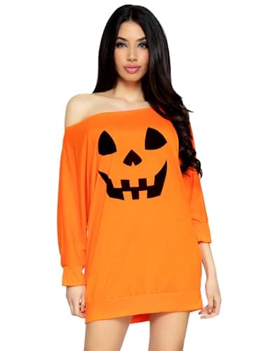 Leg Avenue womens Casual Jersey Halloween Shirt Dress Adult Sized dress, Orange Pumpkin, Small-Medium US
