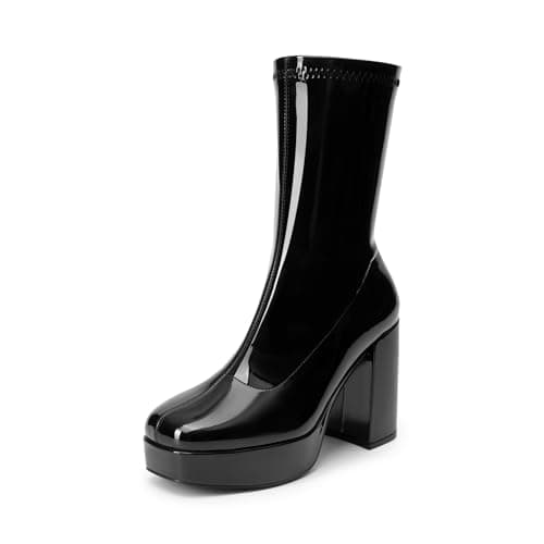 DREAM PAIRS Women's Mid Calf Gogo Boots Platform High Chunky Block Heel Square Toe Ankle Boots,Size 7.5,BLACK-PAT,SDMB2410W