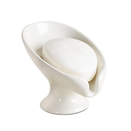 Soap Dish, Self Draining Bar Soap Holder for Bathroom Sink, Leaf-Shaped Drainage Ceramic Cream White Porcelain Decorative Soap Dish, ANTIS'S HOME