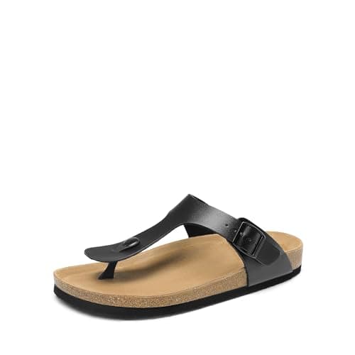 DREAM PAIRS Arch Support Thong Sandals for Women Casual Leather Flip Flops Dressy Slides with Soft Cork Footbed Adjustable Strap for Summer Beach Vacation,Size 7.5,Black,DWUMFF2501