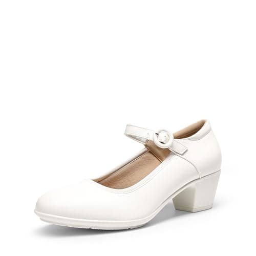 DREAM PAIRS Mary Jane Shoes Women Low Chunky Heels Closed Toe Pumps Comfortable Work Business Dress Shoes,Size 6.5,White,DWUMPU2549