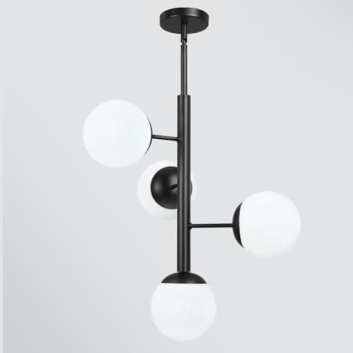 Modern Sputnik Chandelier Ceiling Light Fixture, 4-Light Semi Flush Mount Black Matte Chandelier with Globe Milky Frosted Glass Shade Adjustable Dining Room Sputnik Ceiling Light for Kitchen, Hallway