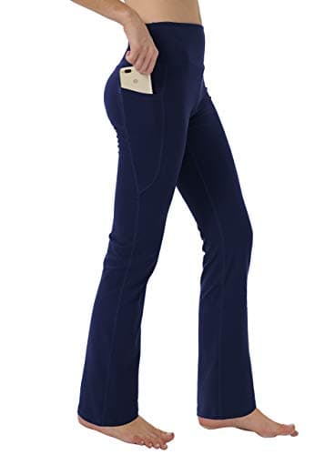 Keolorn Women's Bootleg Yoga Pants with Hidden Pockets Tummy Control Running Legging Long Bootcut(Blue,Small)