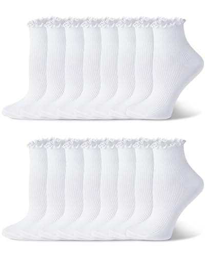 Justay 8 Pairs Ruffle Socks Woman Cute Frilly Soft Cotton Crew Ankle Socks for Women Gifts