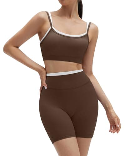 SUUKSESS Women 2 Pieces Workout Sets Padded Spaghetti Straps Tank Tops High Waist Biker Shorts Gym Yoga Active Wear Matching Sets (Brown, M)