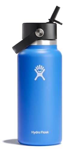 Hydro Flask Water Bottle - Insulated Stainless Steel - Wide Straw Lid, Non Spill, Leakproof in 32 Oz Cascade Blue