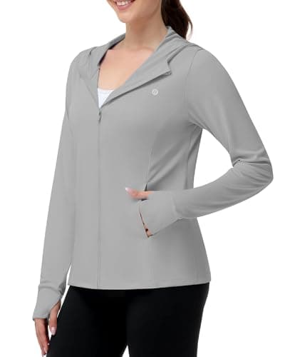 Runhit Women's UPF 50+ Sun Protection Jacket Hooded Lightweight Zip Up Long Sleeve Sun Shirt with Pockets for Hiking Outdoor Light Grey M