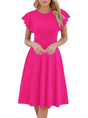 MSLG Fit and Flare Dress for Women 2026 Business Casual Ruffle Short Sleeves Work V-Back Church Funeral Dress with Pockets 842 M Rose