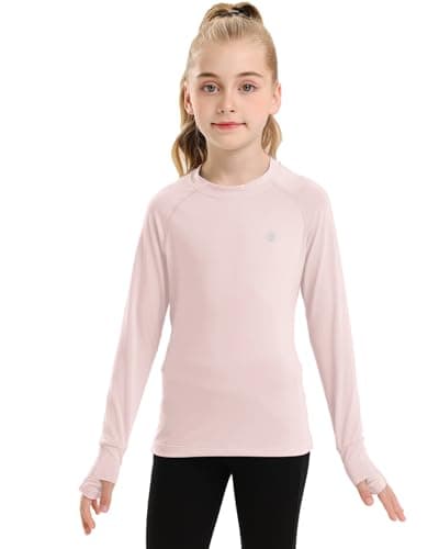 Girls Long Sleeve Shirt SPF Active Tee Workout Running Yoga Pullover Tops with Thumb Holes Carat Pink 11-12years