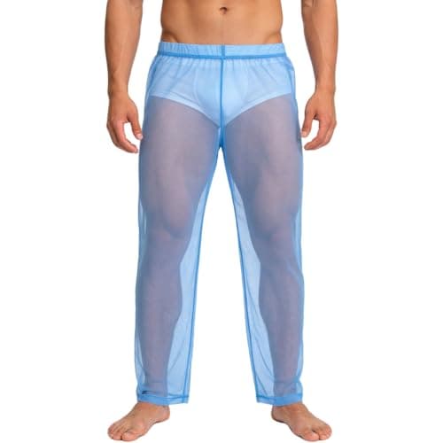 YINYOUYU Mens Mesh Pants See Through Underwear Pajama Bottoms Lounge Home Leggings Sleepwear Cool Dry Yoga Trousers 3XL Blue