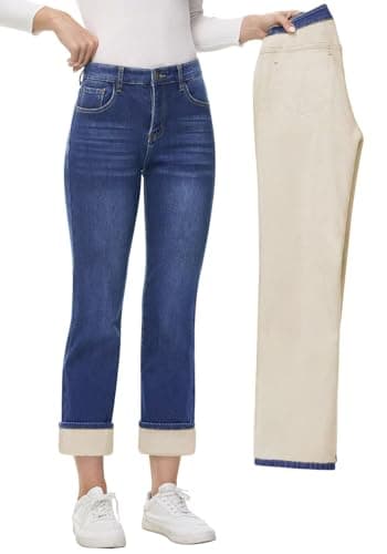 AMRSPENG Women's Fleece Lined Jeans Women Fleece Lined Pants Winter High Waisted Straight Leg Denim Jeans Dark Blue Size 14