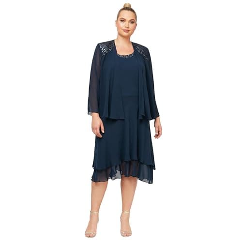 S.L. Fashions Women's Plus Mother of The Bride Dress with Embellished Neckline & Shoulder, Wedding Guest, Navy, 22