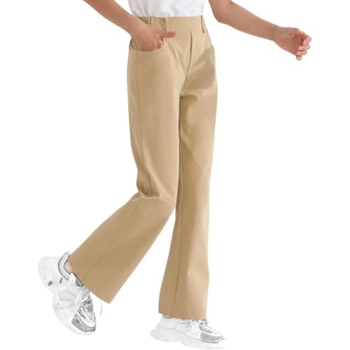 Girls Flared Pants Stretch School Trousers Uniform Pants Baggy Wide Leg Slacks Lightweight Teen Flare Leggings 10-12 Y Khaki
