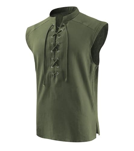 Mens Medieval Costume Sleeveless Pirate Shirts Renaissance Lace Up Tank Tops Gothic Viking Pirate Beach Tunic(Army,M)