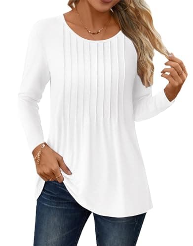 NORACORA Long Sleeve Women Tunic Oversized Pleated Shirt White