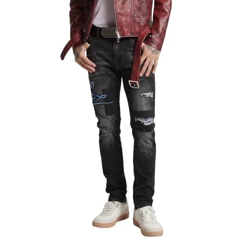 Blukraf Men's Y2K Black Slim Fit Ripped Skinny Jeans, Embroidered Snake Patchwork Distressed Stretch Denim