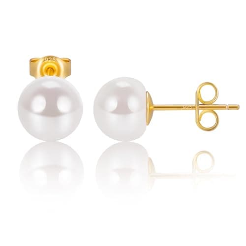 EAMTI Pearl Earrings for Women Trendy 18K Gold Plated Sterling Silver Freshwater Cultured White Pearl Stud Earrings Hypoallergenic 8.5MM