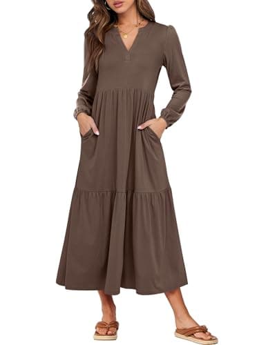 ANRABESS Women's Long Sleeve Maxi Dresses 2026 Spring Casual V Neck Flowy Tiered Boho Modest Vacation Dress with Pockets Brown Small
