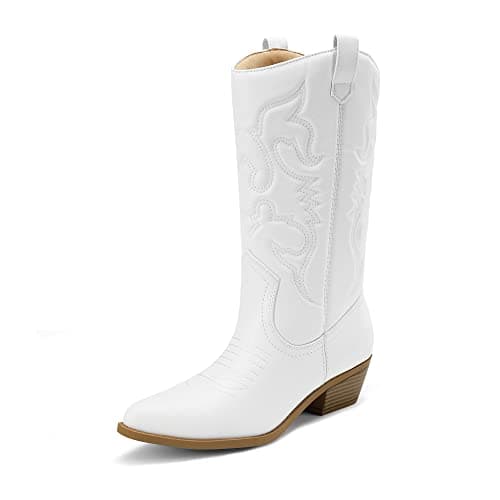 DREAM PAIRS Women's Cowboy Boots Pull On Cowgirl Boots Mid Calf Western Boots, Available in Regular and Wide Calf,Size 6.5,White,SDMB2218W