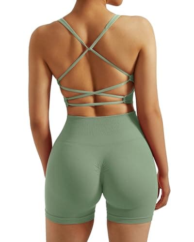 RXRXCOCO Seamless Workout Sets for Women 2 Piece Strappy Sports Bras Scrunch Booty Shorts Matching Yoga Set Light Green Large