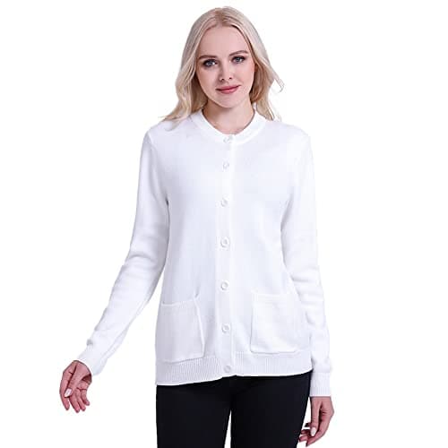SMILING PINKER Women Cardigan Sweater Button Down Crew Neck Ribbed Knit Sweater with Pockets(Small,White)
