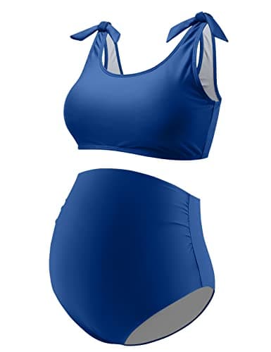 GINKANA Maternity Bikini Swimsuit Two Pieces High Waist Pregnancy Bathing Suits Shoulder Straps Summer Swimwear,Peacock Blue,XL