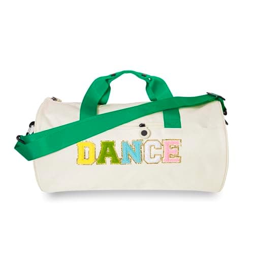Dance Duffle Bag for Girls,Toddler Teens with Chenille Patches,Cute Ballet, Cheer, Gymnastics Class Bag for Kids, Toddler Girls,Teens,16.5"Lx9"Wx9"H Large Capacity Overnight Travel Bag (Green&Cream)