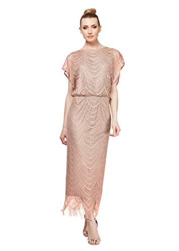 S.L. Fashions womens Blouson Metallic Crochet With Fringe Hemline Special Occasion Dress, Gold, 10 US