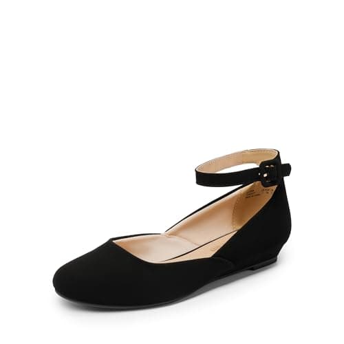 DREAM PAIRS Women's Dress Flats Ballet Low Wedge Round Toe Ankle Strap Comfortable Casual Flats Shoes,Size 5.5,Black/Nubuck,REVONA
