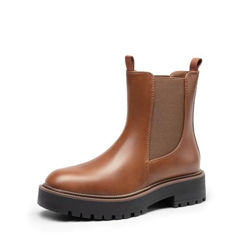 DREAM PAIRS Women's Chelsea Ankle Boots Square Toe Fashion Low Heel Lug Sole Platform Fall Booties Shoes,Size 8,Brown-Pu,SDAB2412W