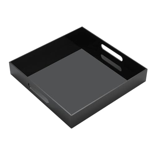 KEVJES Glossy Black Acrylic Serving Tray with Handles-Butler Trays for Coffee Table, Snacks,Breakfast in Bed, Kitchen Countertop,Vanity,Makeup Organizer,Ottoman (Black, 12x12 Inches)