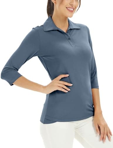MOHEEN Women's Polo Shirt Quick Dry Performance Moisture Wicking 3/4 Sleeve Golf Polo Shirts for Women Athletic Casual Work (12222 Navy S)