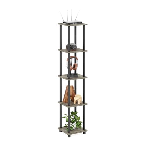 FURINNO Turn-N-Tube 5-Tier Corner Square Rack Display Shelf, Round, French Oak Grey/Black