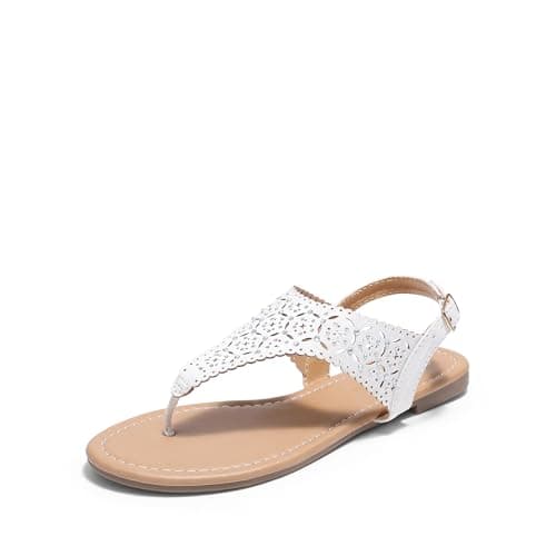 DREAM PAIRS Women's Rhinestone Casual Wear Cute Gladiator Flat Sandals Beach Dressy T-Strap Thong Sandals,Size 5,White,MEDINIE