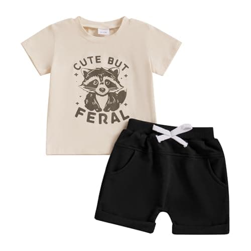 allshope Toddler Baby Boy Summer Outfit Short Sleeve T Shirt Top Casual Shorts Set Infant Newborn Clothes 6 12 18 24 Month 2T (Cute But Feral Raccoon, 12-18 Months)