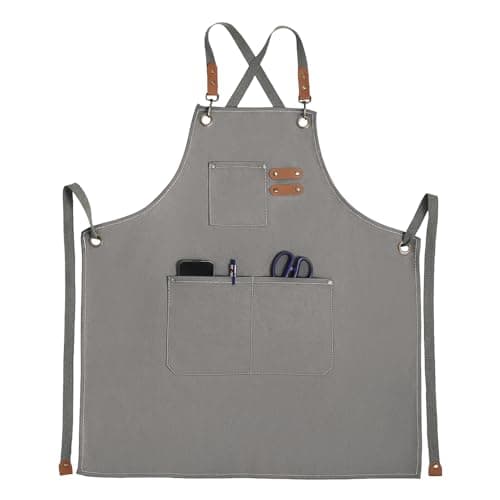 YUYUDEHM Chef Apron for Women Men with Pockets, Cotton Canvas Cross Back Adjustable Gardening Apron for Cooking BBQ Gardening (Gray)
