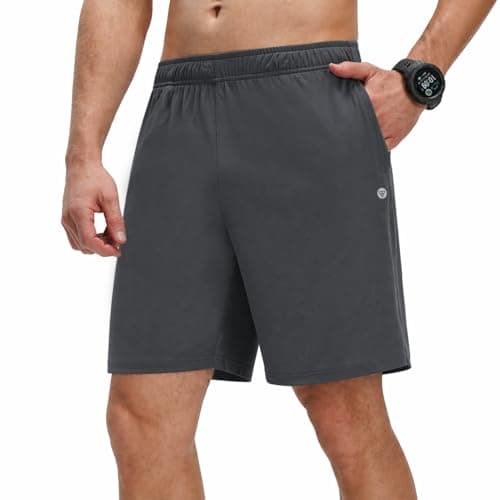 M MAELREG Men's Stretch Athletic Running Shorts with 4 Zipper Pockets 7" Lightweight Breathable Workout Gym Shorts Dark Grey