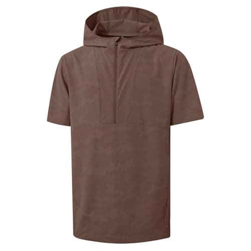M MAELREG Mens Short Sleeve Hoodie 1/2 Zip Pullover Gym Casual Relaxed Fit Hooded Workout Sweatshirts Golf Fitness Coffee Brown
