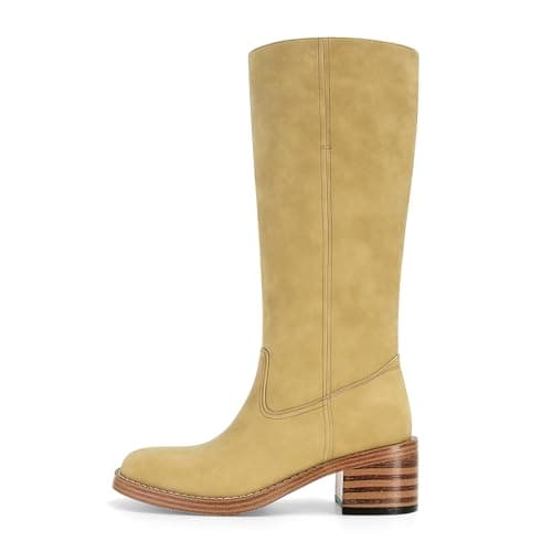 DOEYG Banana Mid Calf Boots for Women Chunky Block Low Heel Tall Boots Square Toe Riding Boots Comfortable Casual Trendy Stylish Boots Yellow Size 7