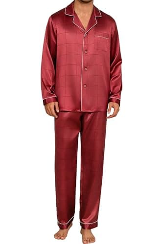 JupiterSecret Mens Silky Satin Pajamas Set Long Sleeve Button-Down Luxurious Pj Two-piece Sleepwear with Long Pants (Red Plaid with White Collar,XL)