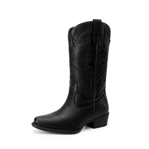 DREAM PAIRS Cowboy Boots for Women Cowgirl Western Mid Calf Boots Snip Toe Embroidered Stitched Low Chunky Heel Pull On Fashion Boots,Size 6,All Black,SDMB25005W-2
